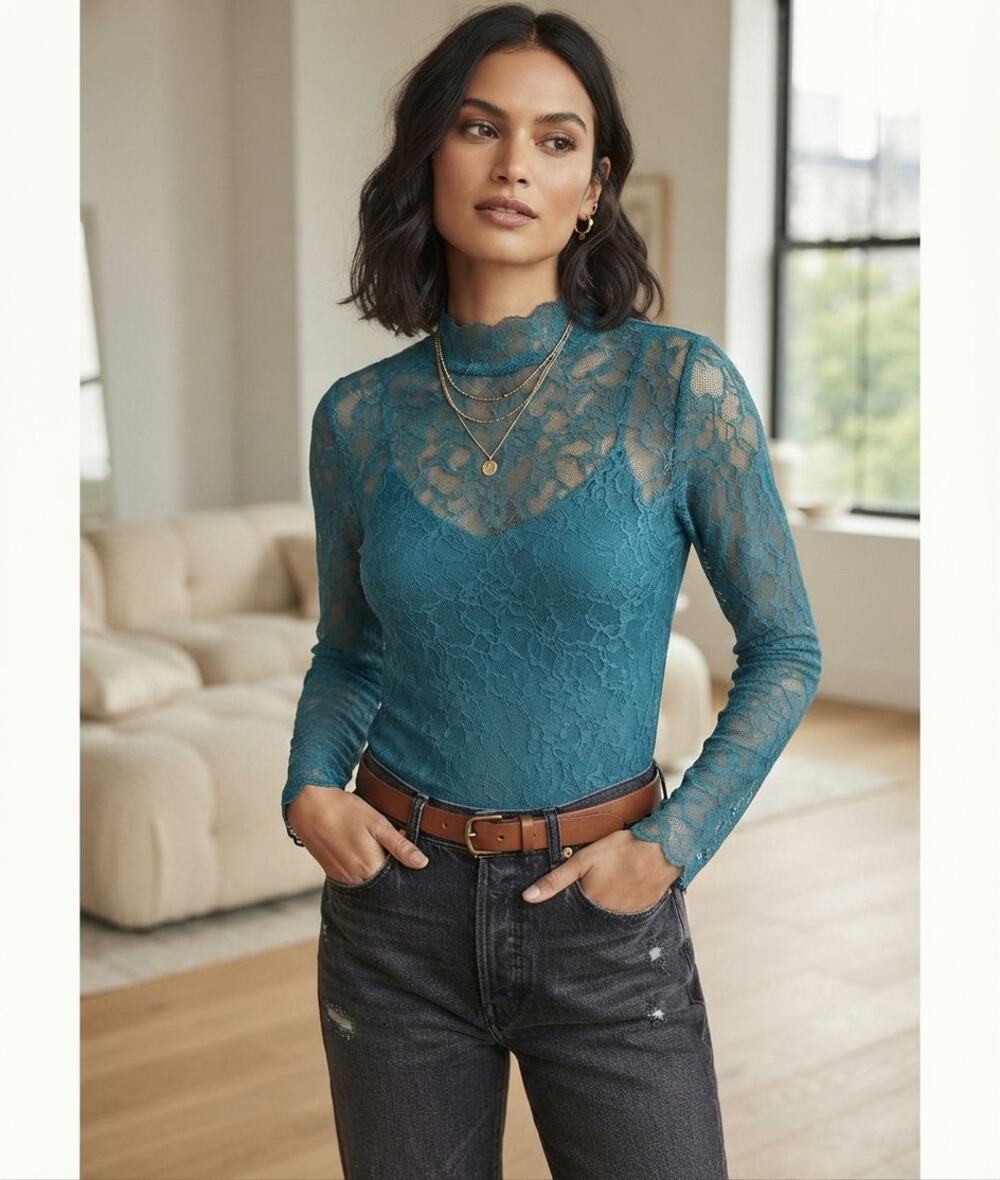 By Anthropologie Teal Green Sheer Lace Mock Neck Long Sleeve Top Size S NWT